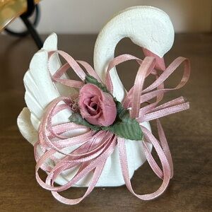 Decorative White Swan Figurine Trinket with Pink Ribbon Rose
